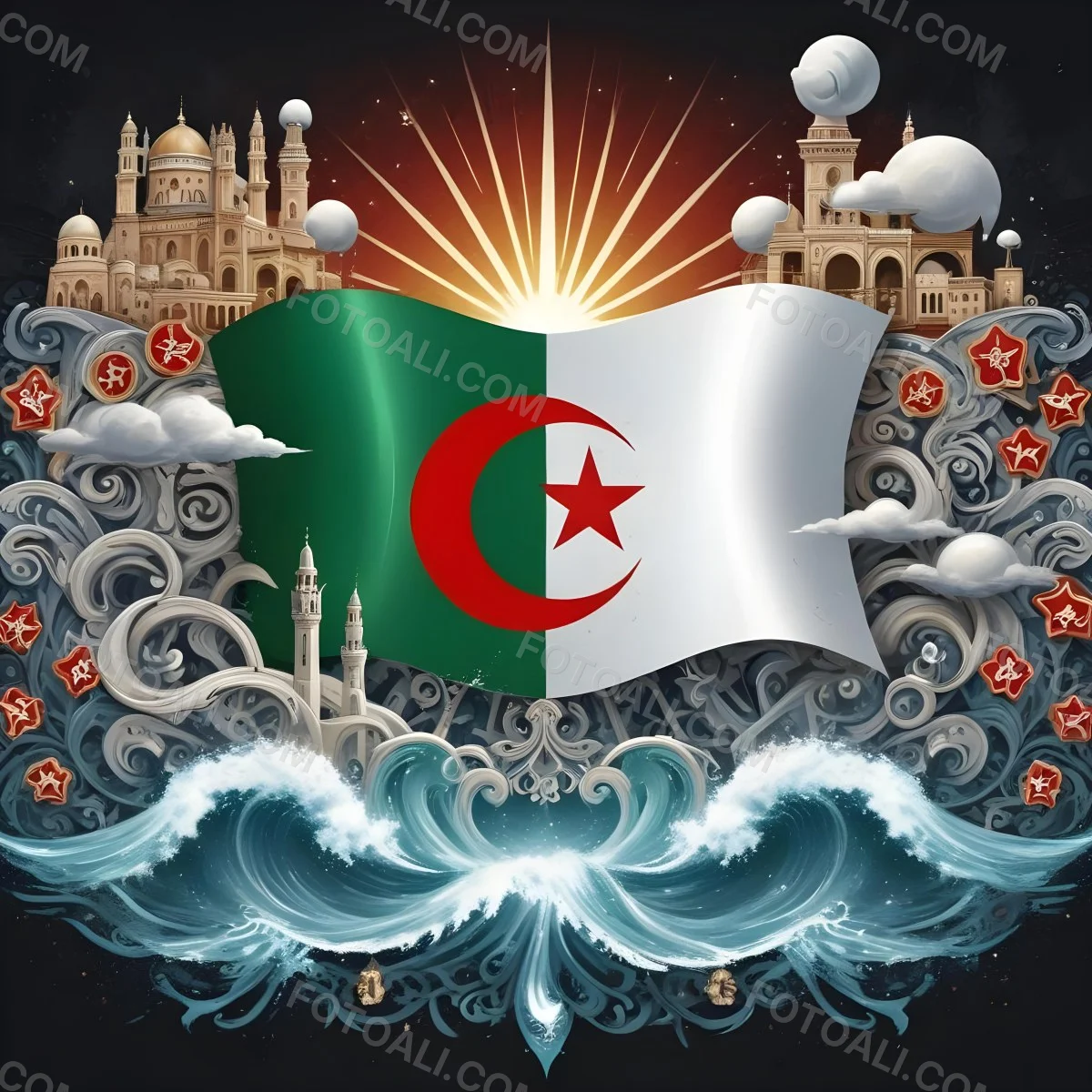 Algerian Flag With A Red Star And Crescent Surrounded By Traditional Symbols Waves And Architectural Elements Set Against A Dark Background With Radiating Light 23 05ca