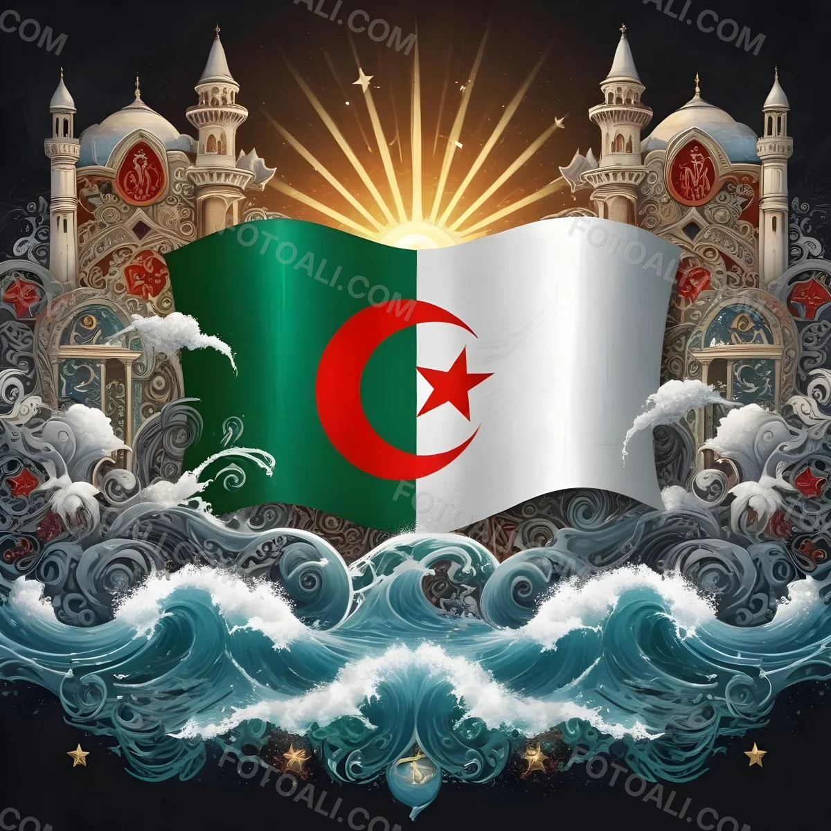 Algerian Flag With A Red Star And Crescent Surrounded By Traditional Symbols Waves And Architectural Elements Set Against A Dark Background With Radiating Light 42 C1d8