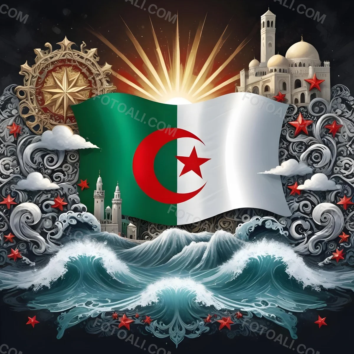 Algerian Flag With A Red Star And Crescent Surrounded By Traditional Symbols Waves And Architectural Elements Set Against A Dark Background With Radiating Light 58 F6ce