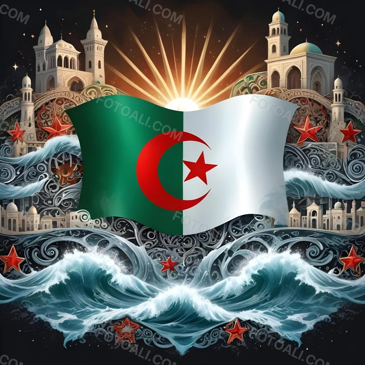 Algerian Flag With A Red Star And Crescent Surrounded By Traditional Symbols Waves And Architectural Elements Set Against A Dark Background With Radiating Light 67 4ea4