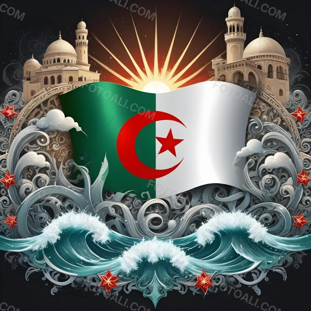 Algerian Flag With A Red Star And Crescent Surrounded By Traditional Symbols Waves And Architectural Elements Set Against A Dark Background With Radiating Light 75 5262