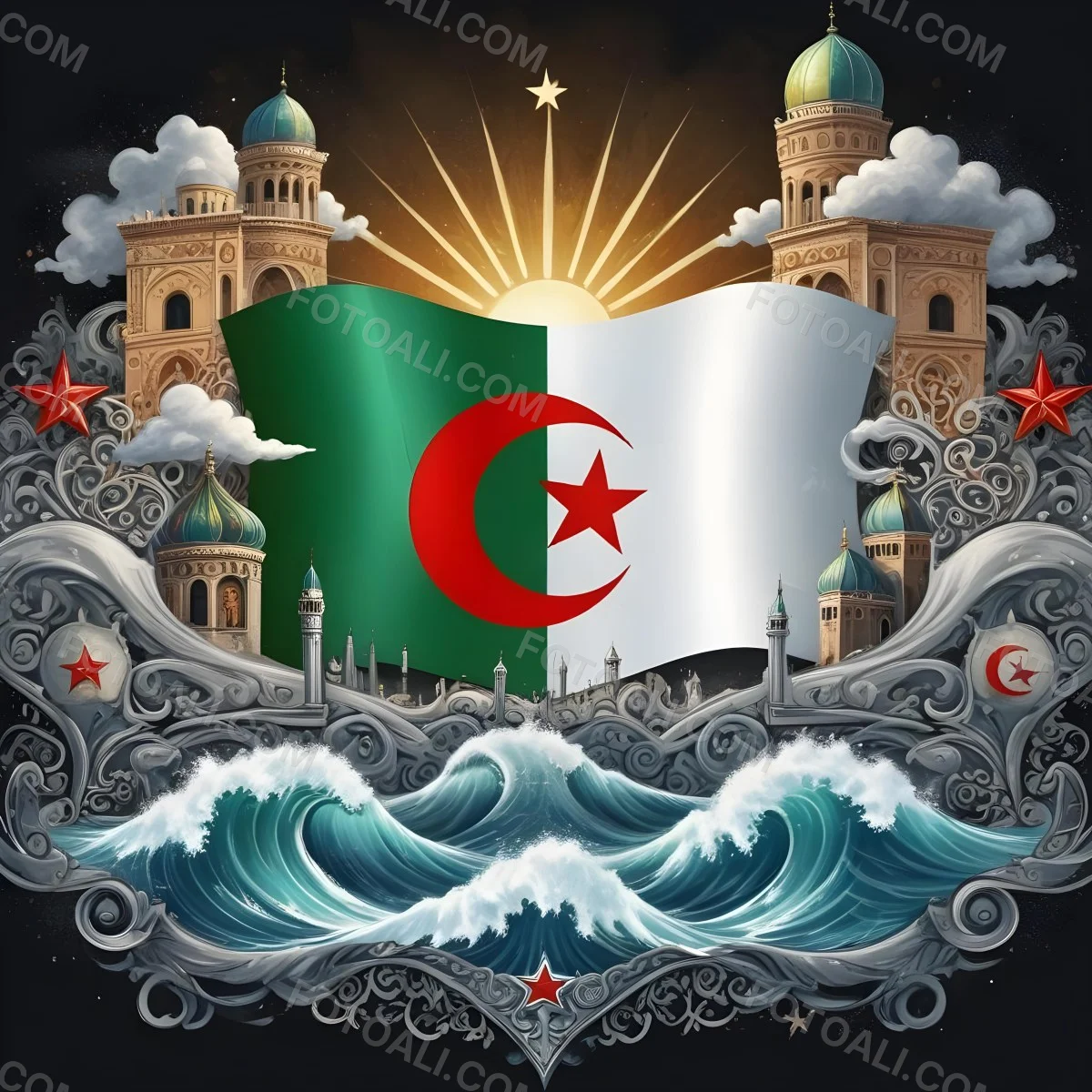 Algerian Flag With A Red Star And Crescent Surrounded By Traditional Symbols Waves And Architectural Elements Set Against A Dark Background With Radiating Light 76 A655