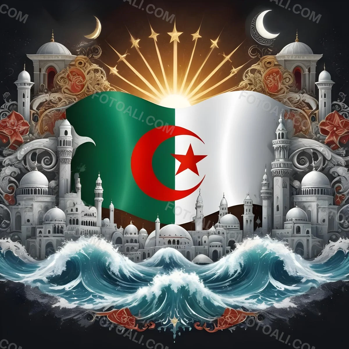 Algerian Flag With A Red Star And Crescent Surrounded By Traditional Symbols Waves And Architectural Elements Set Against A Dark Background With Radiating Light 80 5910