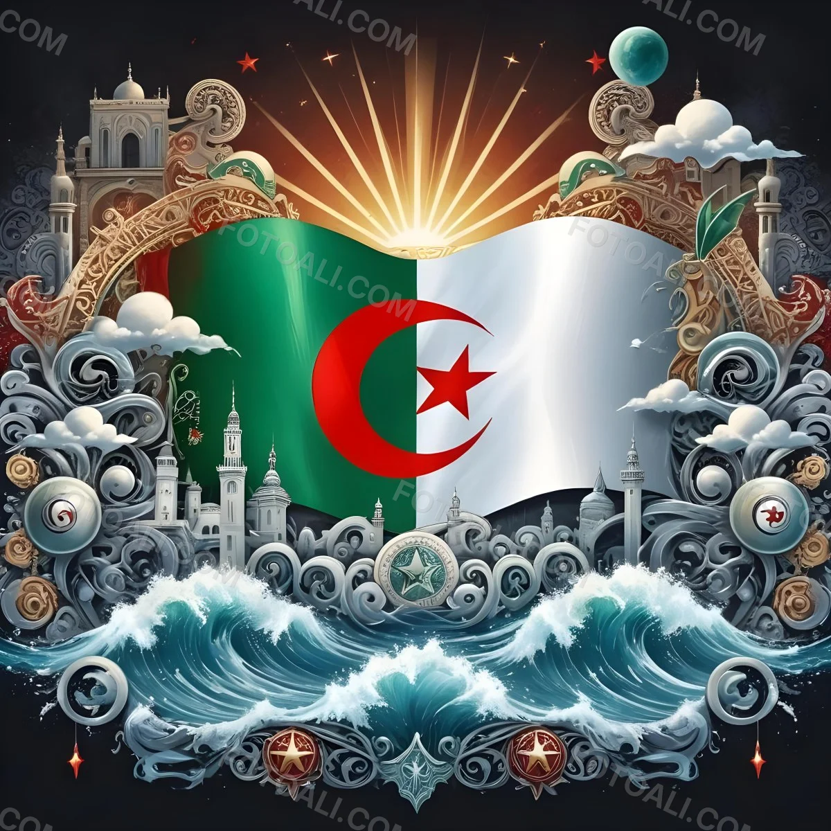 Algerian Flag With A Red Star And Crescent Surrounded By Traditional Symbols Waves And Architectural Elements Set Against A Dark Background With Radiating Light 9 D3a4