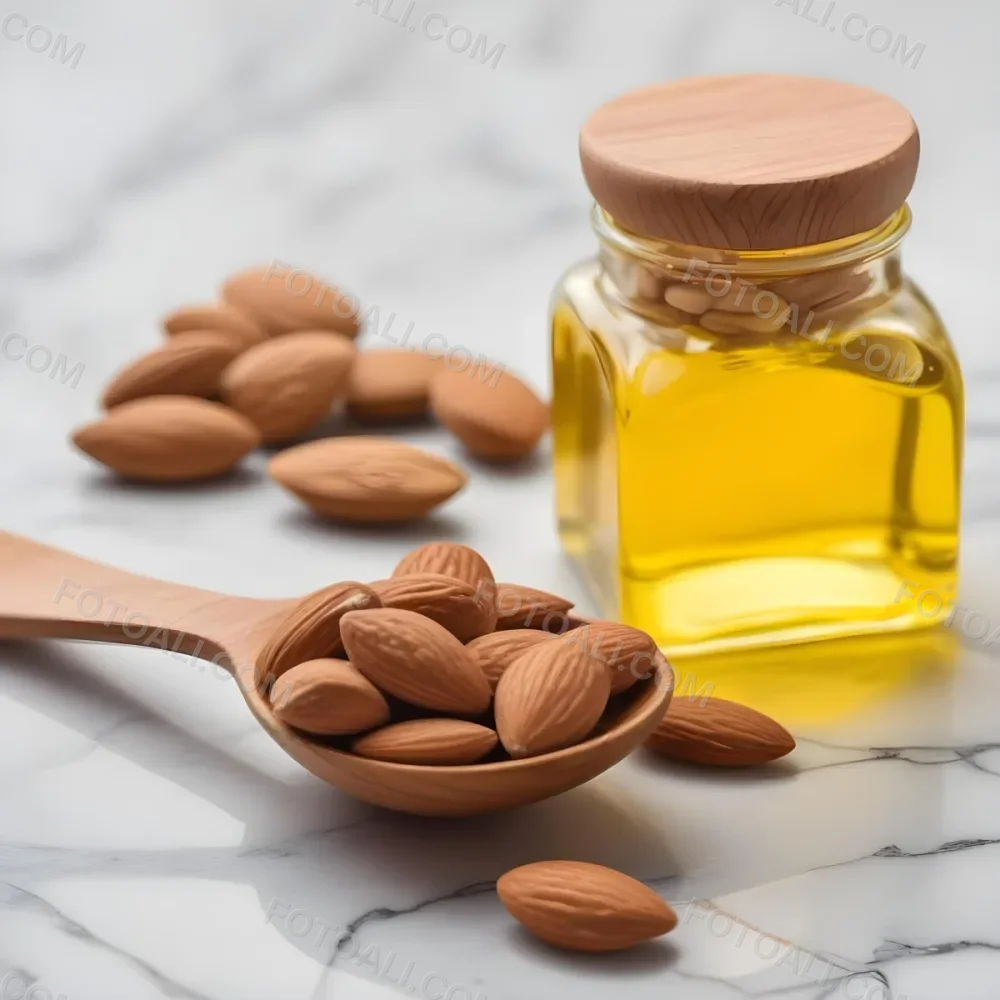Almonds In A Wooden Spoon With A Bottle Of Almond Oil In The Background On A Wooden Surface 1 D4cb