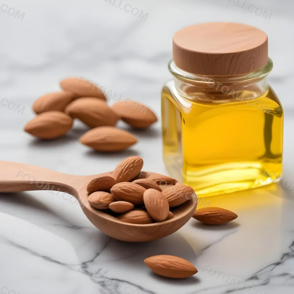Almonds In A Wooden Spoon With A Bottle Of Almond Oil In The Background On A Wooden Surface 2 4418
