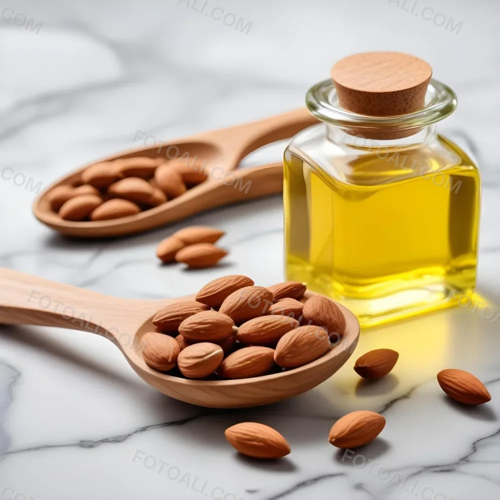 Almonds In A Wooden Spoon With A Bottle Of Almond Oil In The Background On A Wooden Surface 6 Eeb4