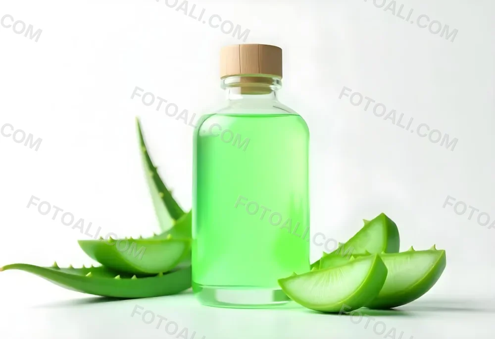 Aloe Vera Gel In A Transparent Bottle With A Wooden Cap Aloe Vera Leaves And Slices In A White Background 1 B118