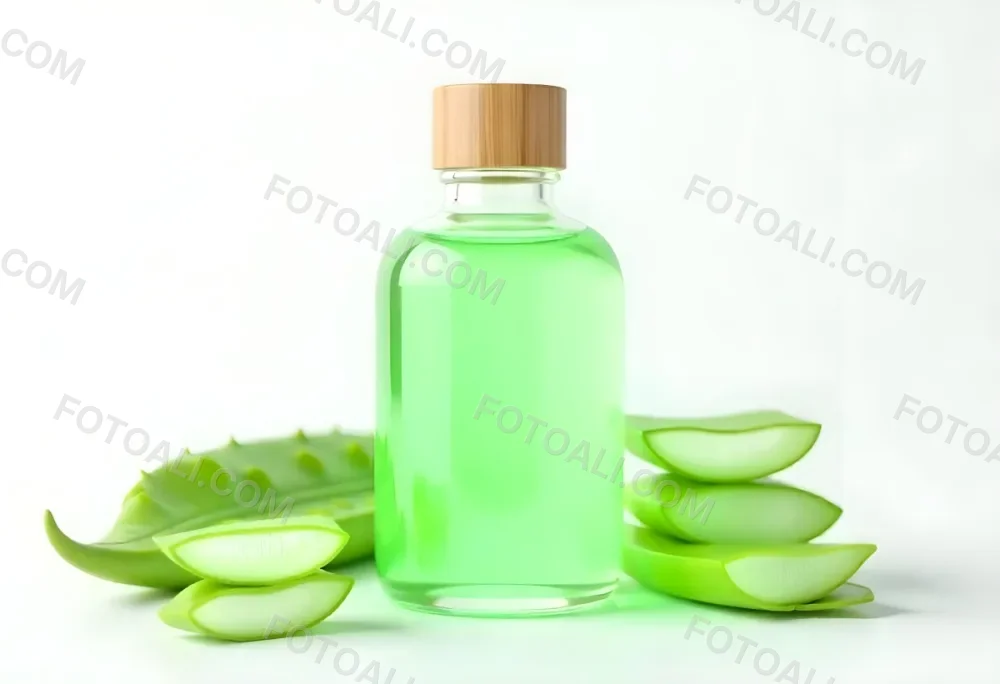Aloe Vera Gel In A Transparent Bottle With A Wooden Cap Aloe Vera Leaves And Slices In A White Background 14 2ceb