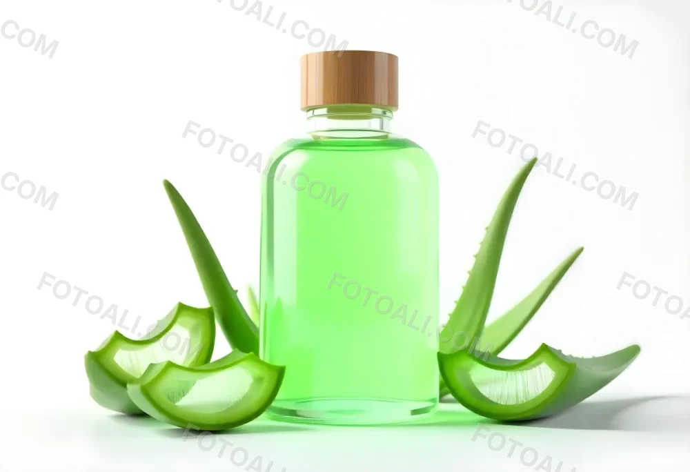 Aloe Vera Gel In A Transparent Bottle With A Wooden Cap Aloe Vera Leaves And Slices In A White Background 16 0a67