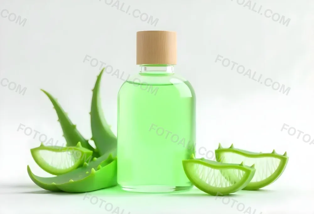 Aloe Vera Gel In A Transparent Bottle With A Wooden Cap Aloe Vera Leaves And Slices In A White Background 18 1cdc