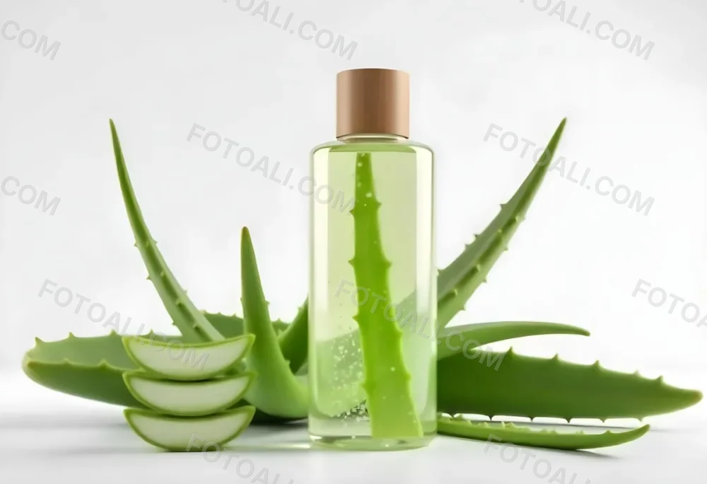 Aloe Vera Gel In A Transparent Bottle With A Wooden Cap Aloe Vera Leaves And Slices In A White Background 19 F367