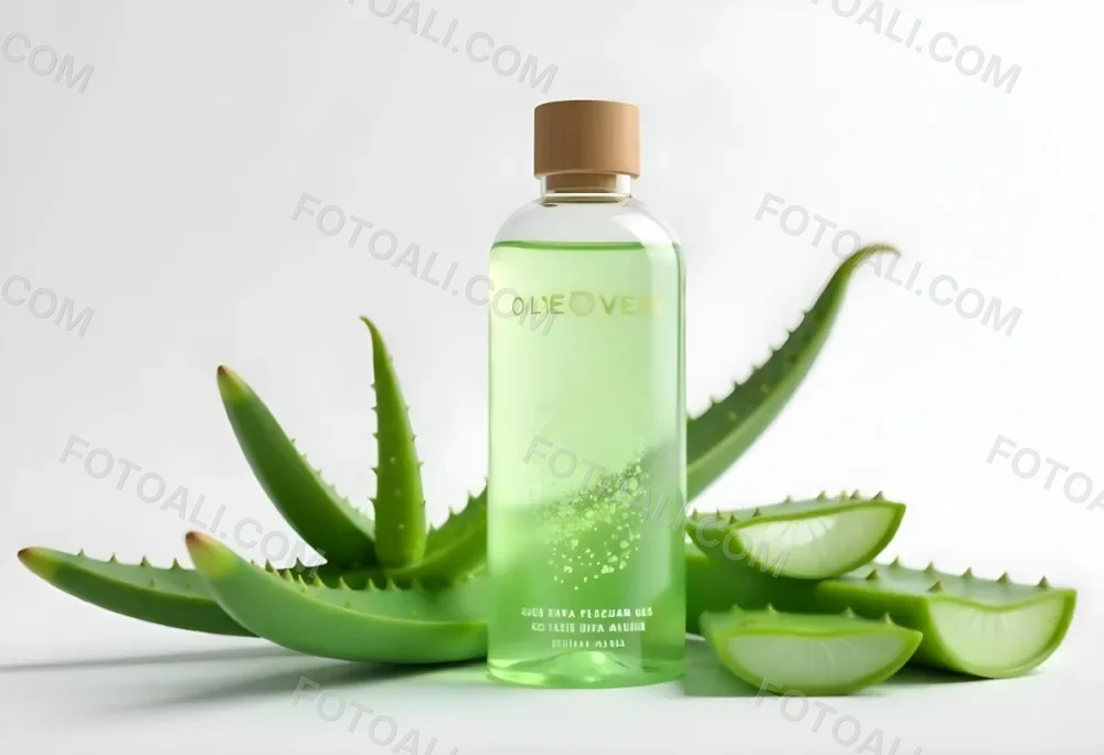 Aloe Vera Gel In A Transparent Bottle With A Wooden Cap Aloe Vera Leaves And Slices In A White Background 29 9cf6