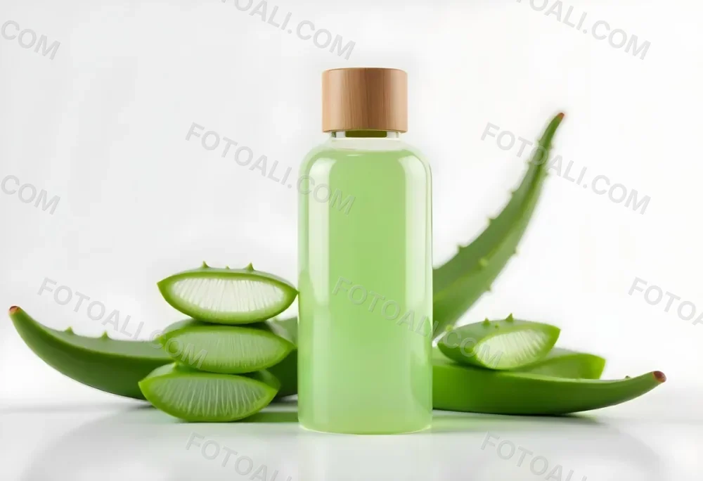 Aloe Vera Gel In A Transparent Bottle With A Wooden Cap Aloe Vera Leaves And Slices In A White Background 3 8301