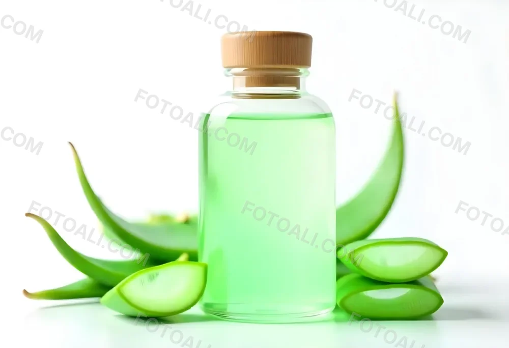 Aloe Vera Gel In A Transparent Bottle With A Wooden Cap Aloe Vera Leaves And Slices In A White Background 6 F0f3