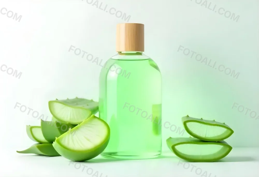 Aloe Vera Gel In A Transparent Bottle With A Wooden Cap Aloe Vera Leaves And Slices In A White Background 7 Cf74