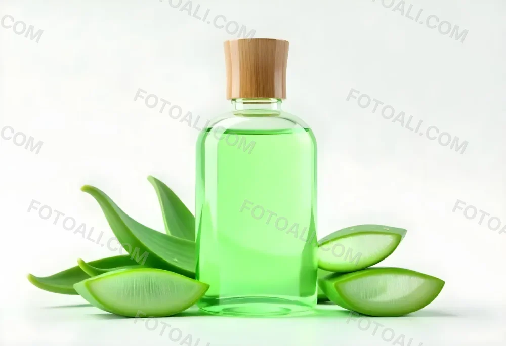 Aloe Vera Gel In A Transparent Bottle With A Wooden Cap Aloe Vera Leaves And Slices In A White Background 9 265d