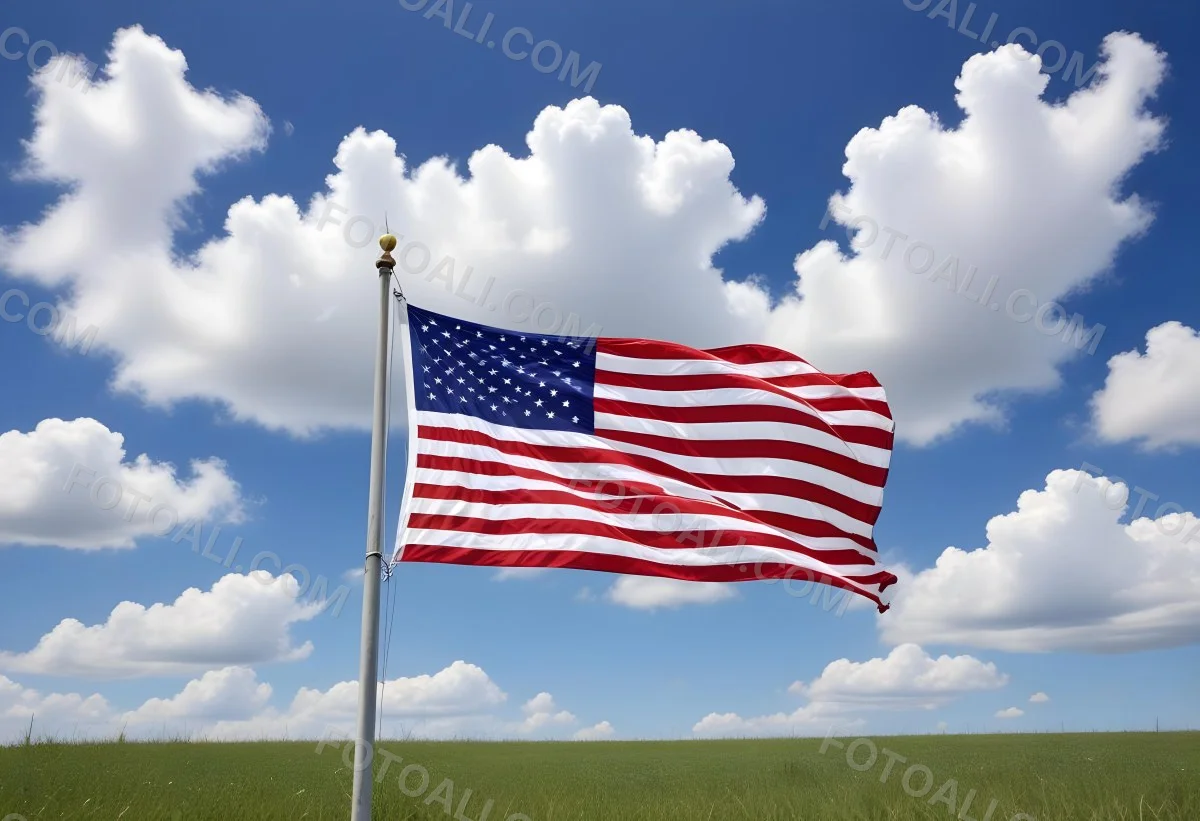 American Flag Waving In The Wind With Its Red And White Stripes And Blue Field Of Stars Against A Blue Sky With White Clouds 16 C94d
