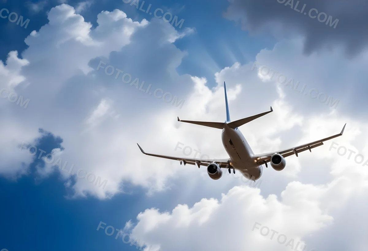 An Airplane Flying Against A Backdrop Of Blue Sky With Scattered Clouds The Aircraft Is Viewed From Below Showcasing Its Wings And Tail 14 48be