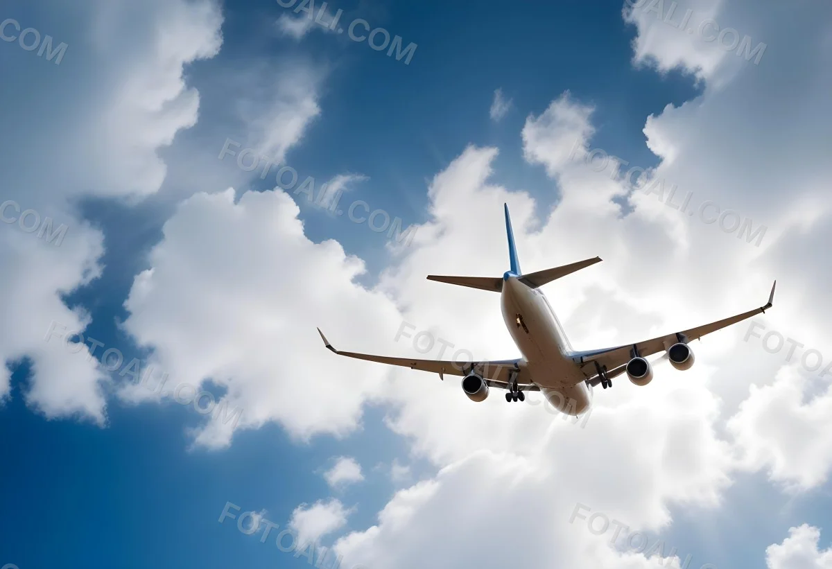 An Airplane Flying Against A Backdrop Of Blue Sky With Scattered Clouds The Aircraft Is Viewed From Below Showcasing Its Wings And Tail 15 35cc