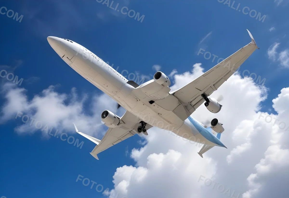 An Airplane Flying Against A Backdrop Of Blue Sky With Scattered Clouds The Aircraft Is Viewed From Below Showcasing Its Wings And Tail 18 A00d