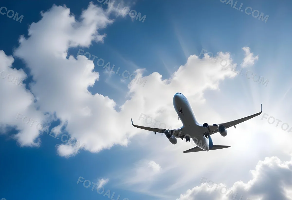 An Airplane Flying Against A Backdrop Of Blue Sky With Scattered Clouds The Aircraft Is Viewed From Below Showcasing Its Wings And Tail 2 Cb03