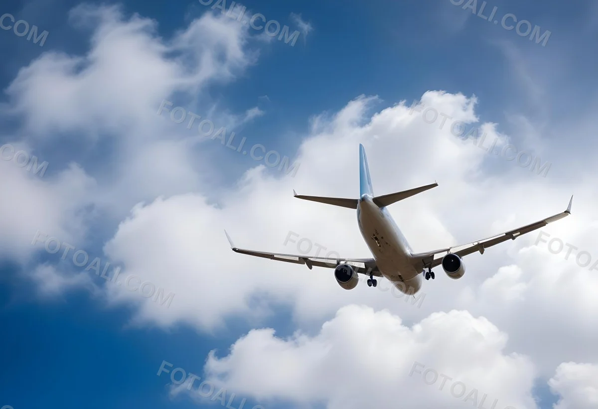 An Airplane Flying Against A Backdrop Of Blue Sky With Scattered Clouds The Aircraft Is Viewed From Below Showcasing Its Wings And Tail 20 6466
