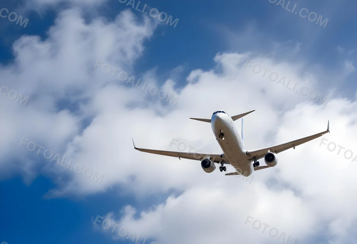An Airplane Flying Against A Backdrop Of Blue Sky With Scattered Clouds The Aircraft Is Viewed From Below Showcasing Its Wings And Tail 21 B41e