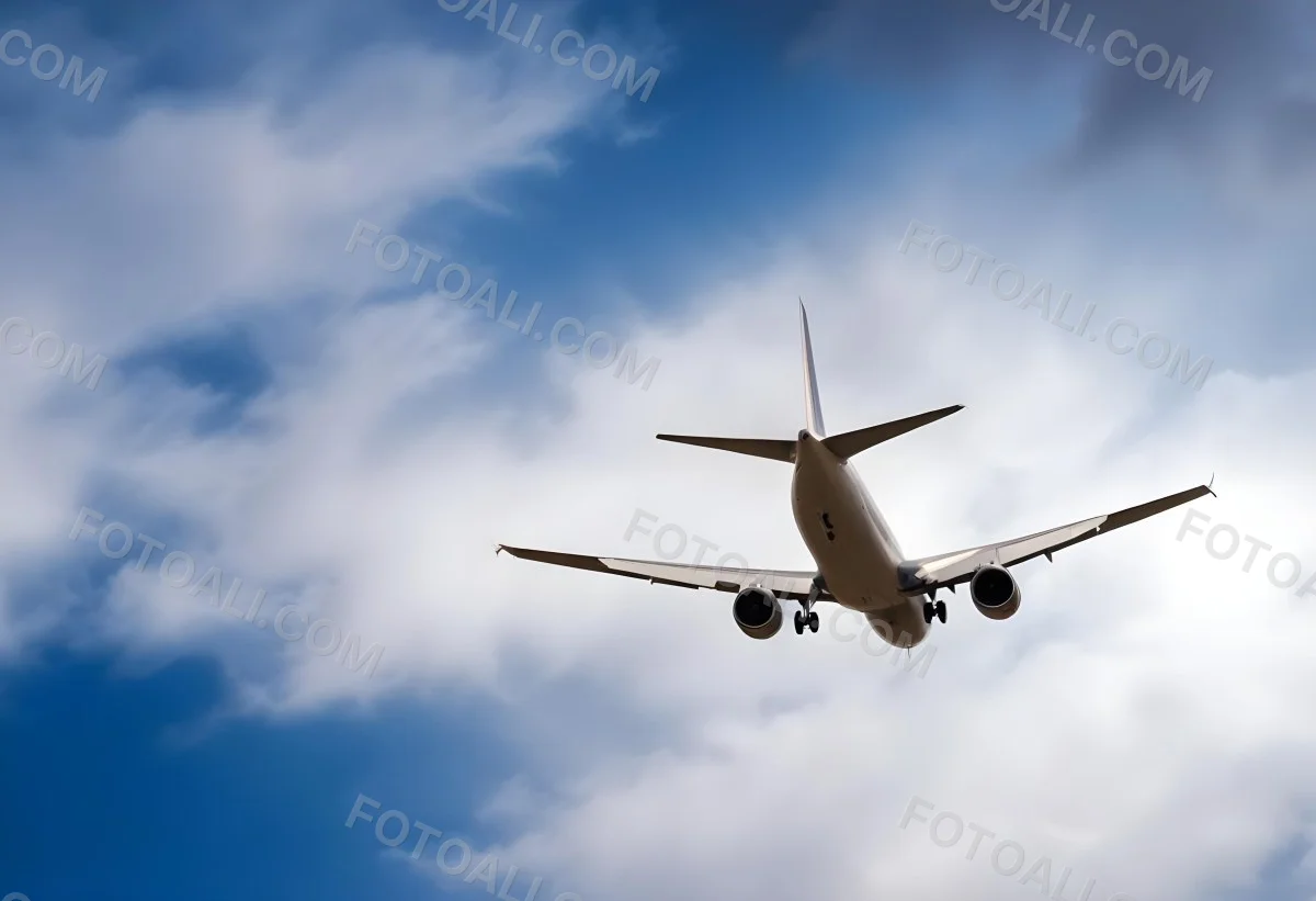 An Airplane Flying Against A Backdrop Of Blue Sky With Scattered Clouds The Aircraft Is Viewed From Below Showcasing Its Wings And Tail 24 8205
