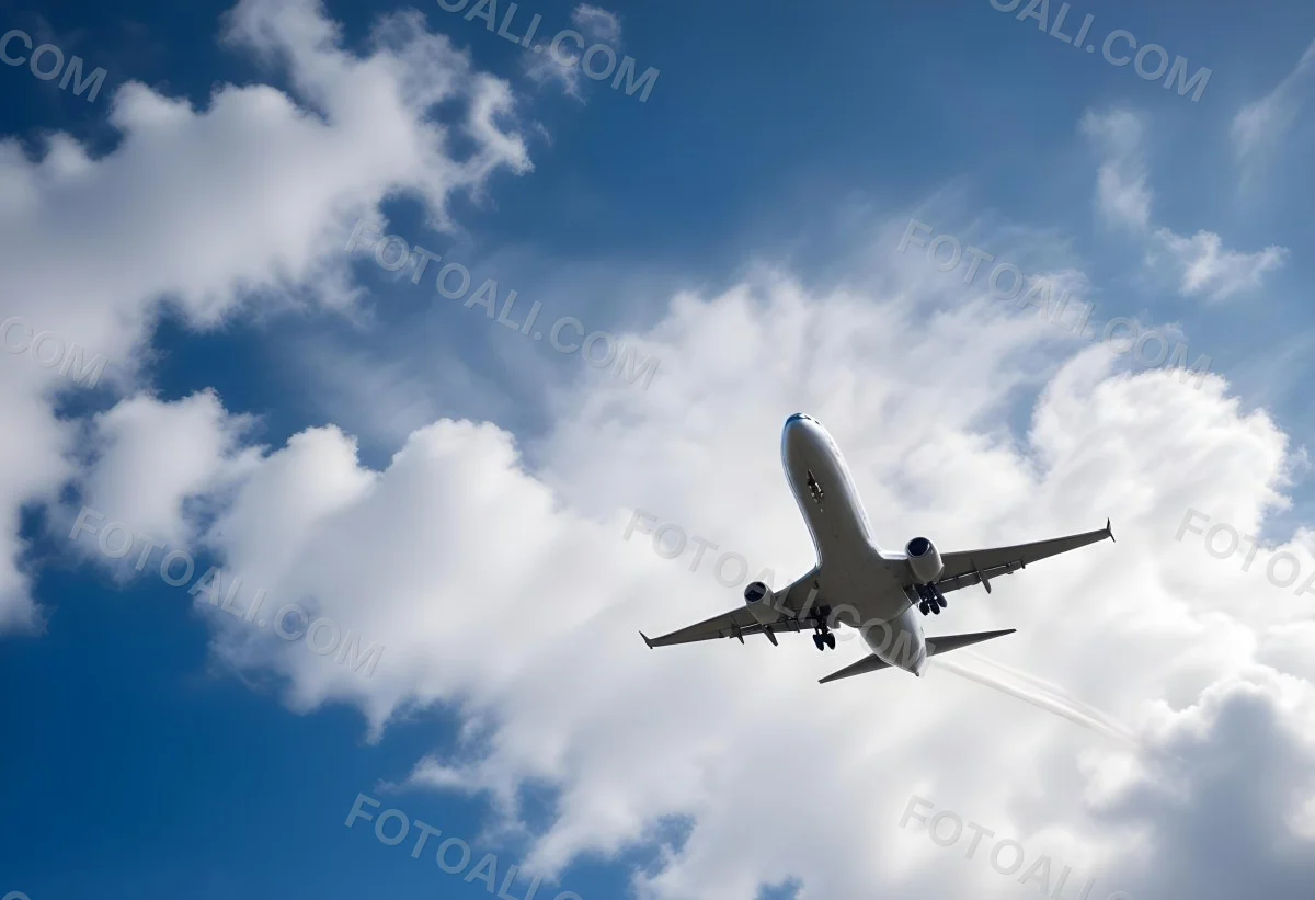 An Airplane Flying Against A Backdrop Of Blue Sky With Scattered Clouds The Aircraft Is Viewed From Below Showcasing Its Wings And Tail 25 7339