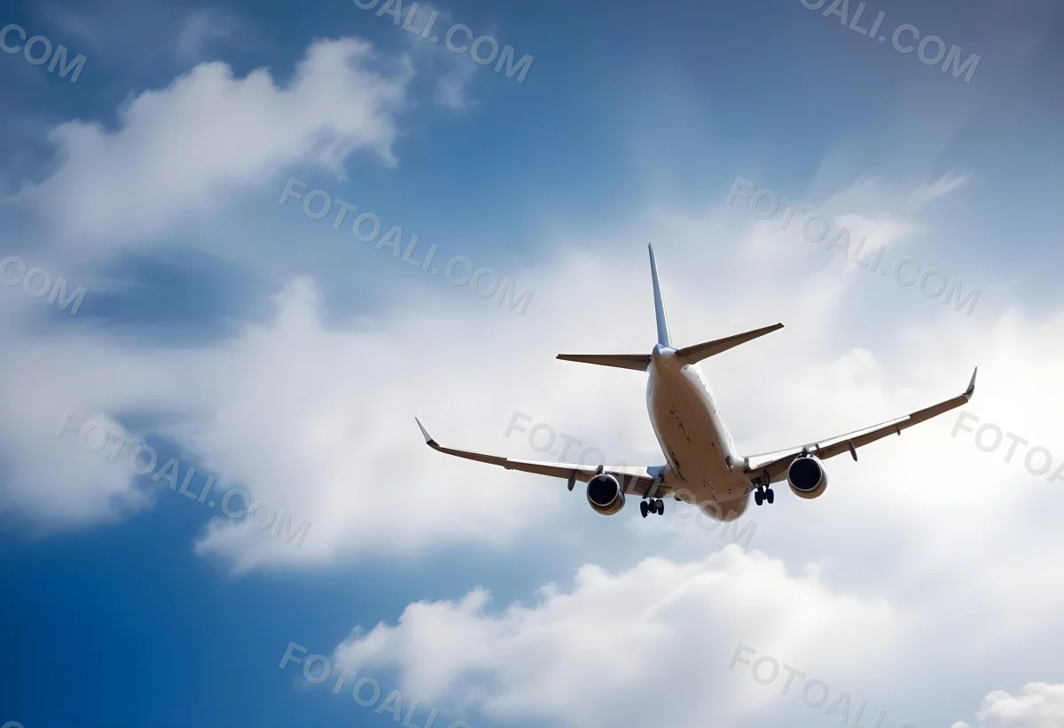 An Airplane Flying Against A Backdrop Of Blue Sky With Scattered Clouds The Aircraft Is Viewed From Below Showcasing Its Wings And Tail 4 9f4d