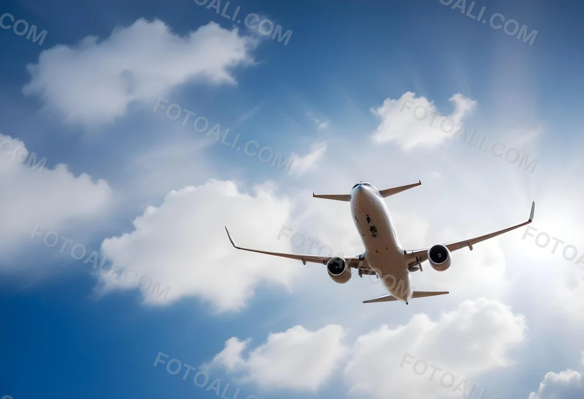 An Airplane Flying Against A Backdrop Of Blue Sky With Scattered Clouds The Aircraft Is Viewed From Below Showcasing Its Wings And Tail 5 55da