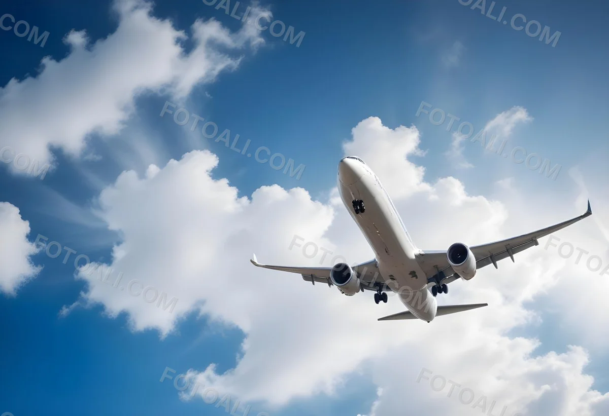 An Airplane Flying Against A Backdrop Of Blue Sky With Scattered Clouds The Aircraft Is Viewed From Below Showcasing Its Wings And Tail 6 1239
