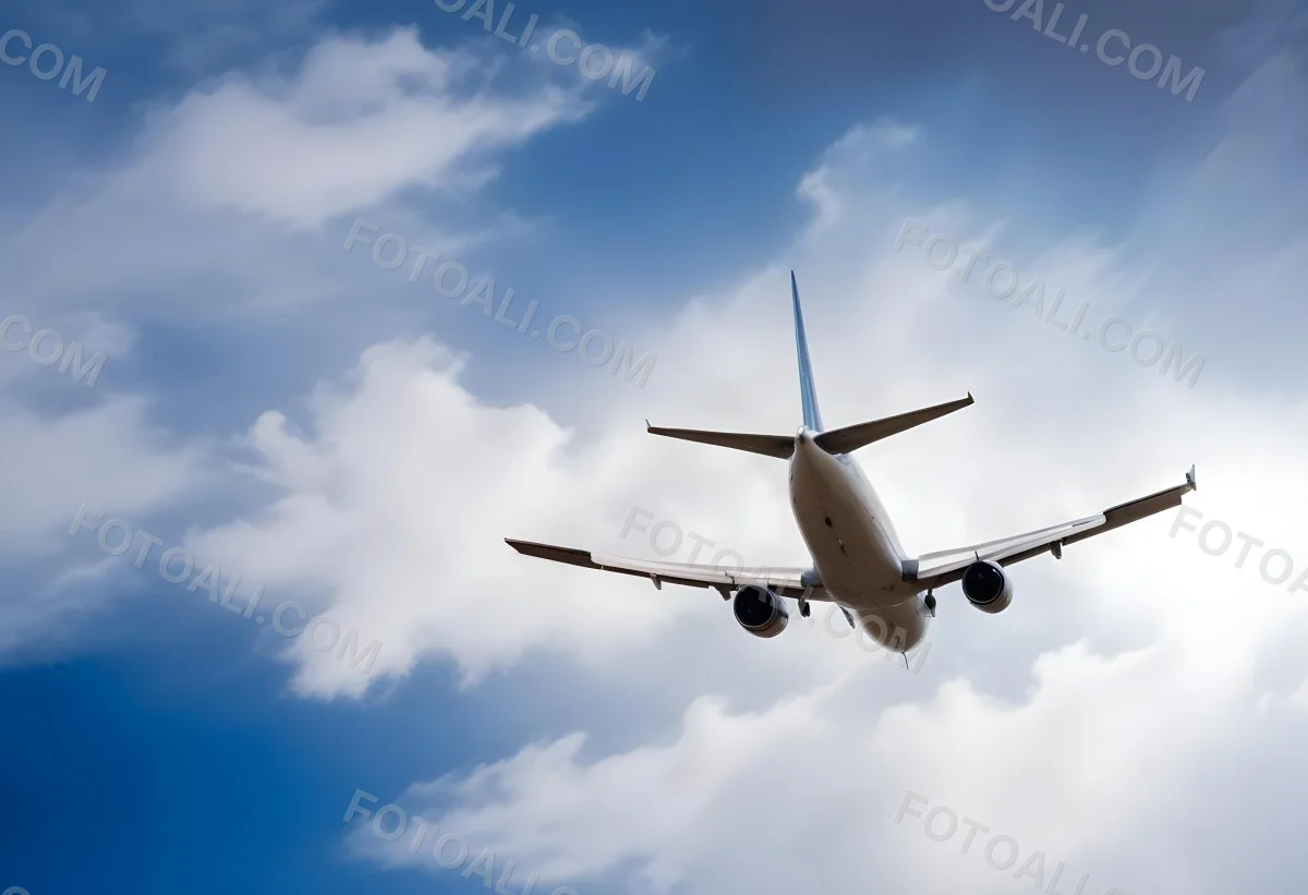 An Airplane Flying Against A Backdrop Of Blue Sky With Scattered Clouds The Aircraft Is Viewed From Below Showcasing Its Wings And Tail 7 0cb6