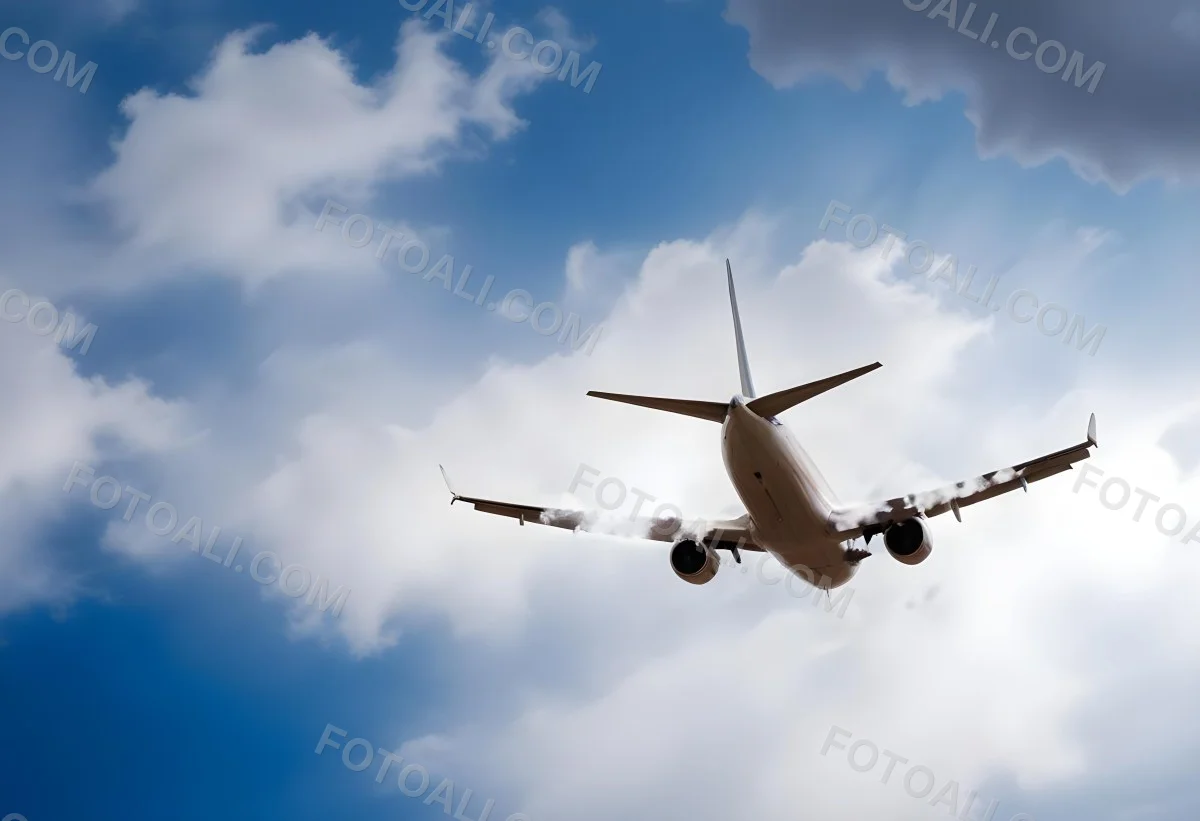 An Airplane Flying Against A Backdrop Of Blue Sky With Scattered Clouds The Aircraft Is Viewed From Below Showcasing Its Wings And Tail 8 17b5