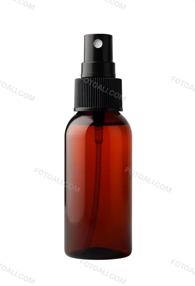An Amber Glass Spray Bottle With A White Spray Nozzle The Bottle Is Empty The Background Is Black 20 2ede