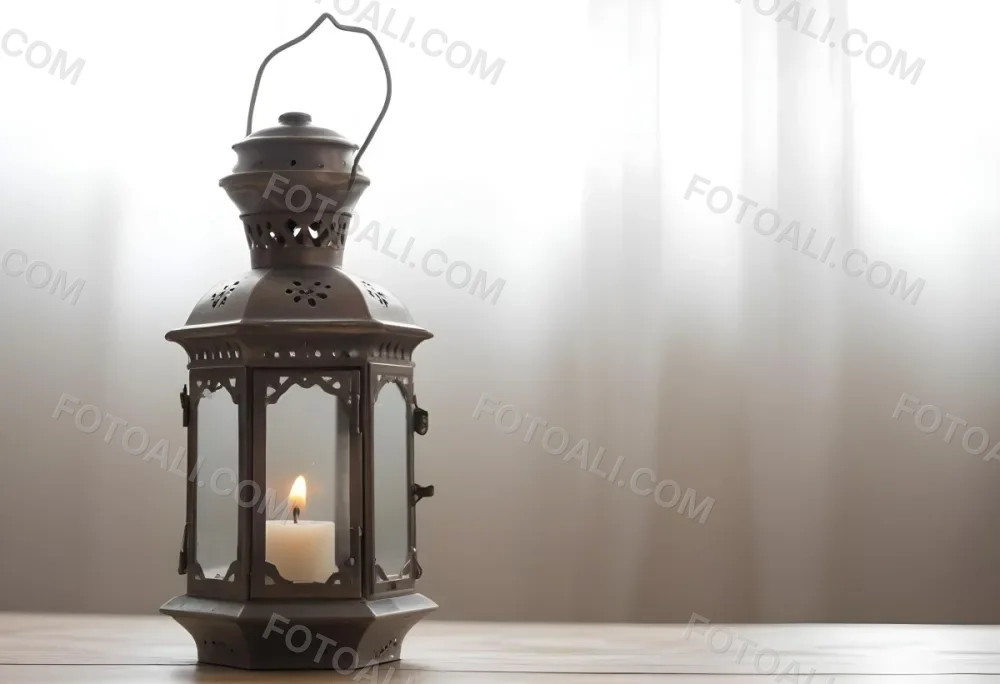 An Antique Metal Lantern With Glass Panels Sits On A Glass Surface A Candle Burning Inside Against A Blurred White Background 13 2a4f
