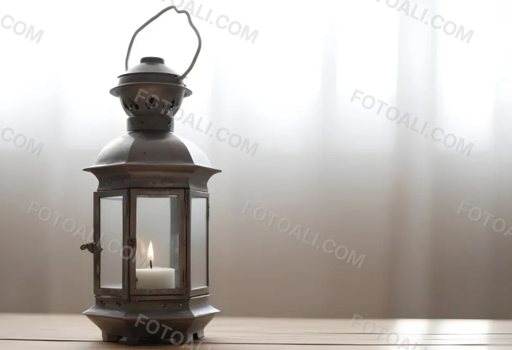 An Antique Metal Lantern With Glass Panels Sits On A Glass Surface A Candle Burning Inside Against A Blurred White Background 20 Ade5