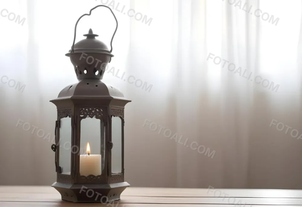An Antique Metal Lantern With Glass Panels Sits On A Glass Surface A Candle Burning Inside Against A Blurred White Background 23 6843