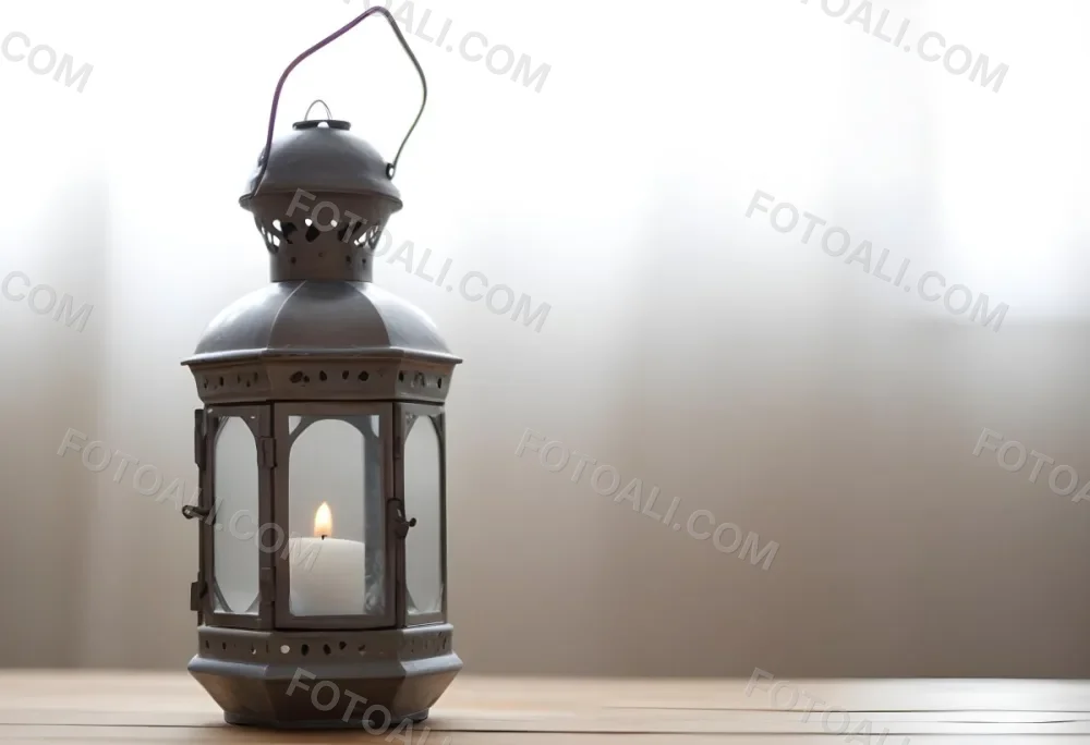 An Antique Metal Lantern With Glass Panels Sits On A Glass Surface A Candle Burning Inside Against A Blurred White Background 3 867c