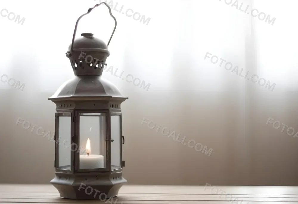 An Antique Metal Lantern With Glass Panels Sits On A Glass Surface A Candle Burning Inside Against A Blurred White Background 31 3082