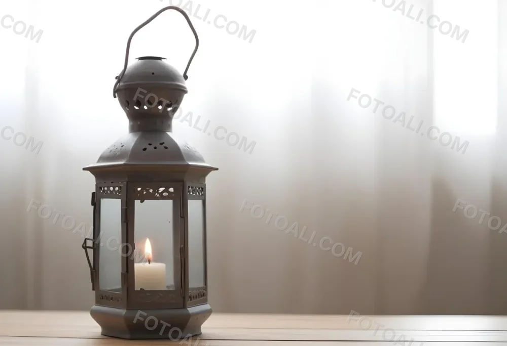 An Antique Metal Lantern With Glass Panels Sits On A Glass Surface A Candle Burning Inside Against A Blurred White Background 33 4dcf