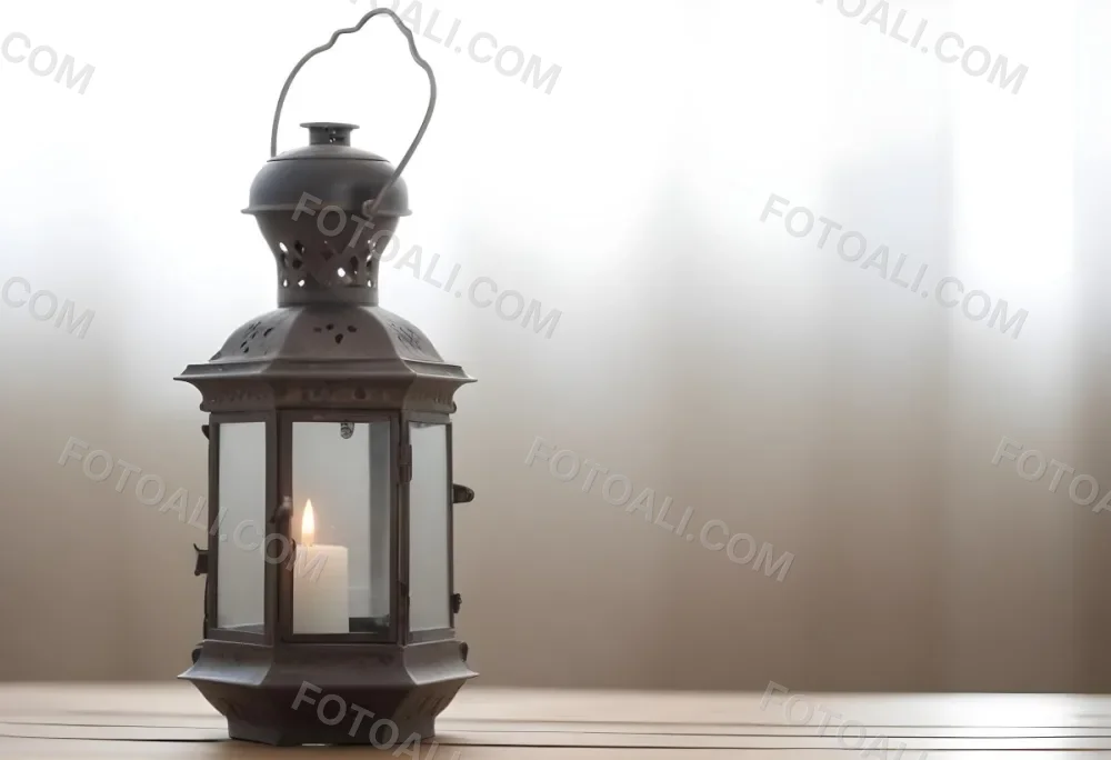 An Antique Metal Lantern With Glass Panels Sits On A Glass Surface A Candle Burning Inside Against A Blurred White Background 5 05c0