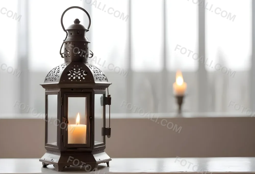 An Antique Metal Lantern With Glass Panels Sits On A Glass Surface A Candle Burning Inside Against A Blurred White Background 6 Ca7a