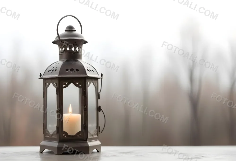 An Antique Metal Lantern With Glass Panels Sits On A Glass Surface A Candle Burning Inside Against A Blurred White Background 7 Ffff