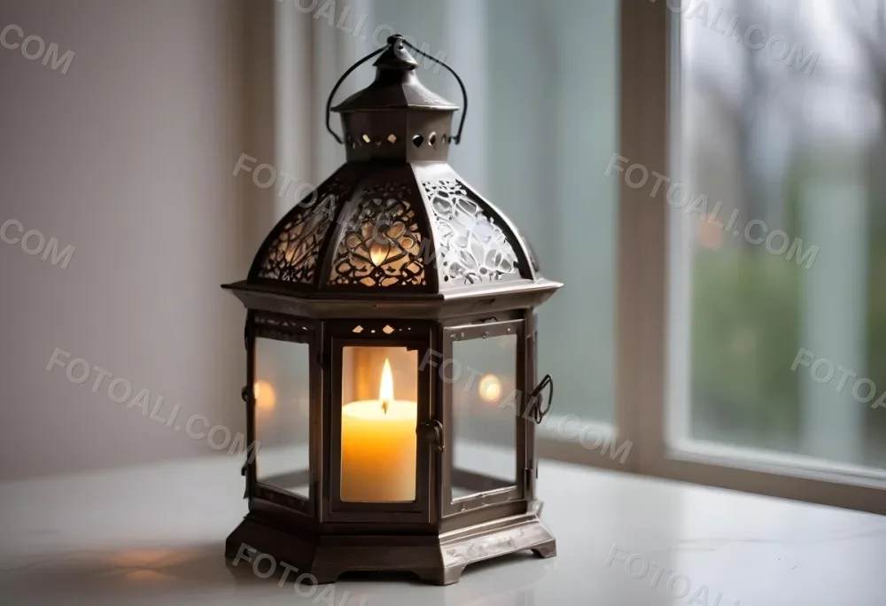 An Antique Metal Lantern With Glass Panels Sits On A Glass Surface A Candle Burning Inside Against A Blurred White Background 8 5cd6