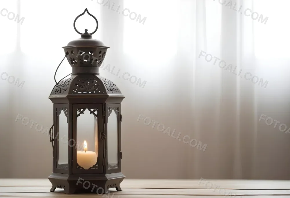 An Antique Metal Lantern With Glass Panels Sits On A Glass Surface A Candle Burning Inside Against A Blurred White Background 9 D197