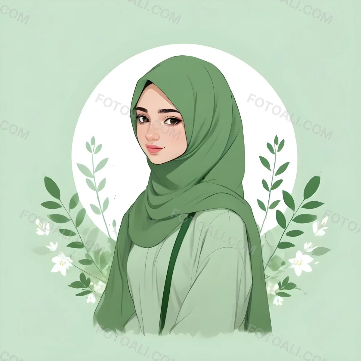 An Arab Girl 18 Years Old Light Skin With A White Hijab And A White Shirt White Circle In The Background With Green Leaves And Flowers 11 A34e