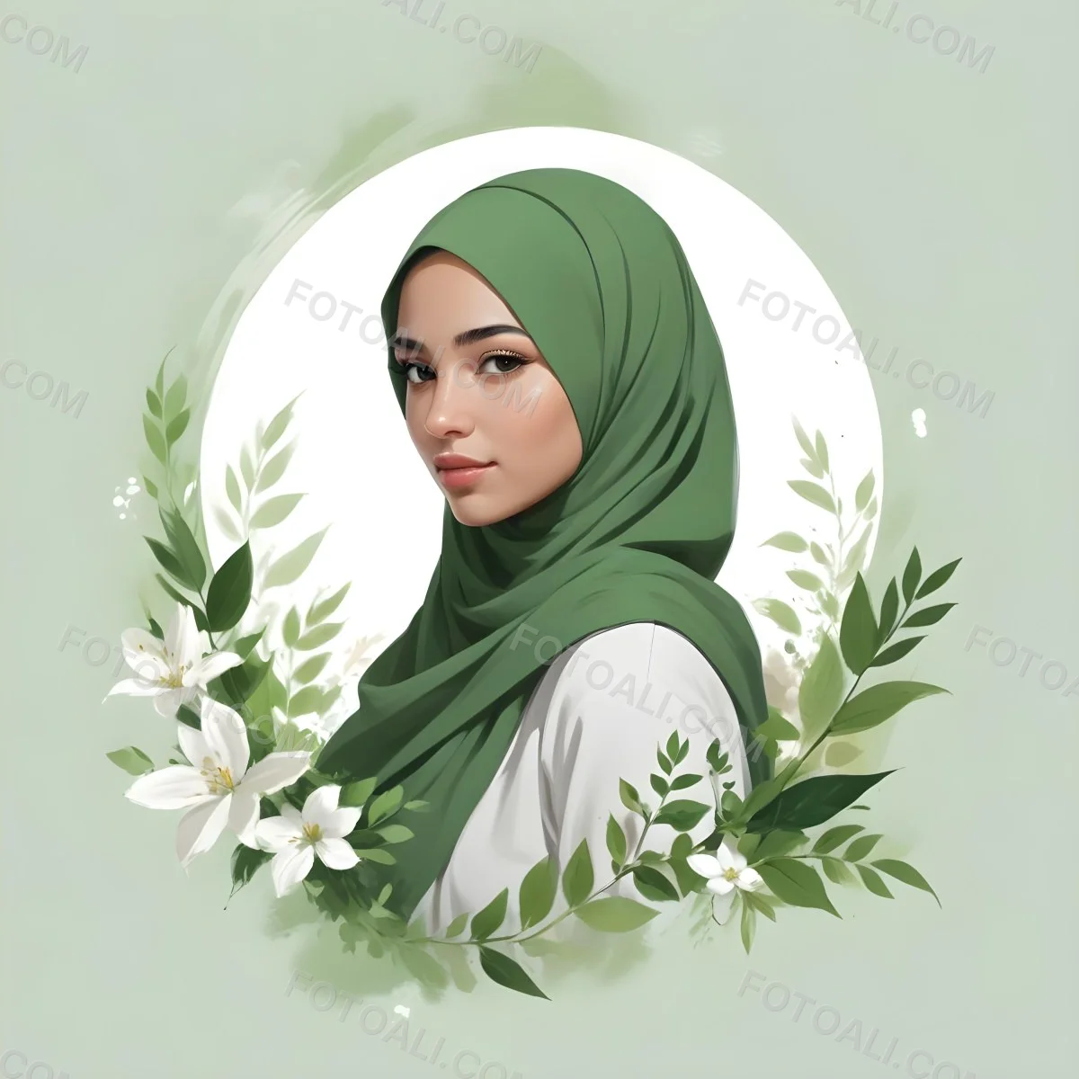 An Arab Girl 18 Years Old Light Skin With A White Hijab And A White Shirt White Circle In The Background With Green Leaves And Flowers 12 68f9