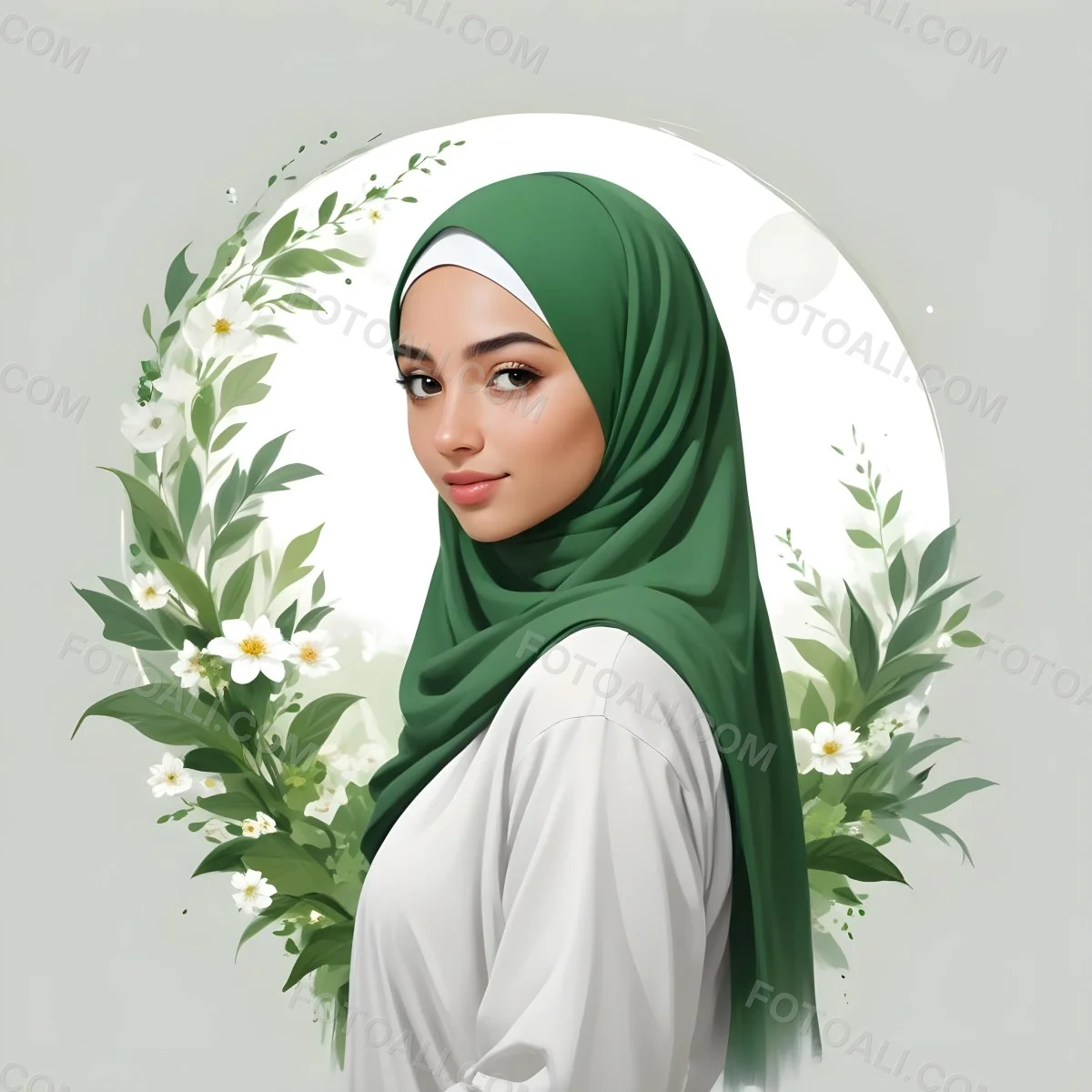 An Arab Girl 18 Years Old Light Skin With A White Hijab And A White Shirt White Circle In The Background With Green Leaves And Flowers 2 8006